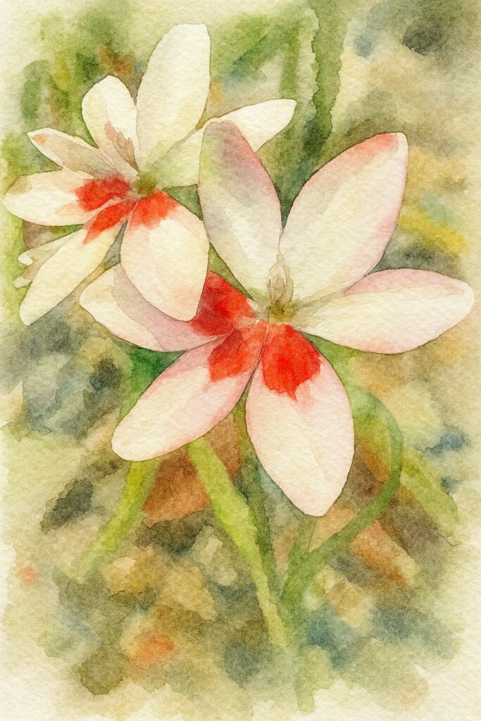 ヒメヒオウギの淡いピンク色の花を2輪、柔らかなタッチで描いた水彩画風イラスト。重なり合う花びらと中央の赤い模様を優しい筆致で表現し、背景の緑と淡い色彩がにじむように広がる