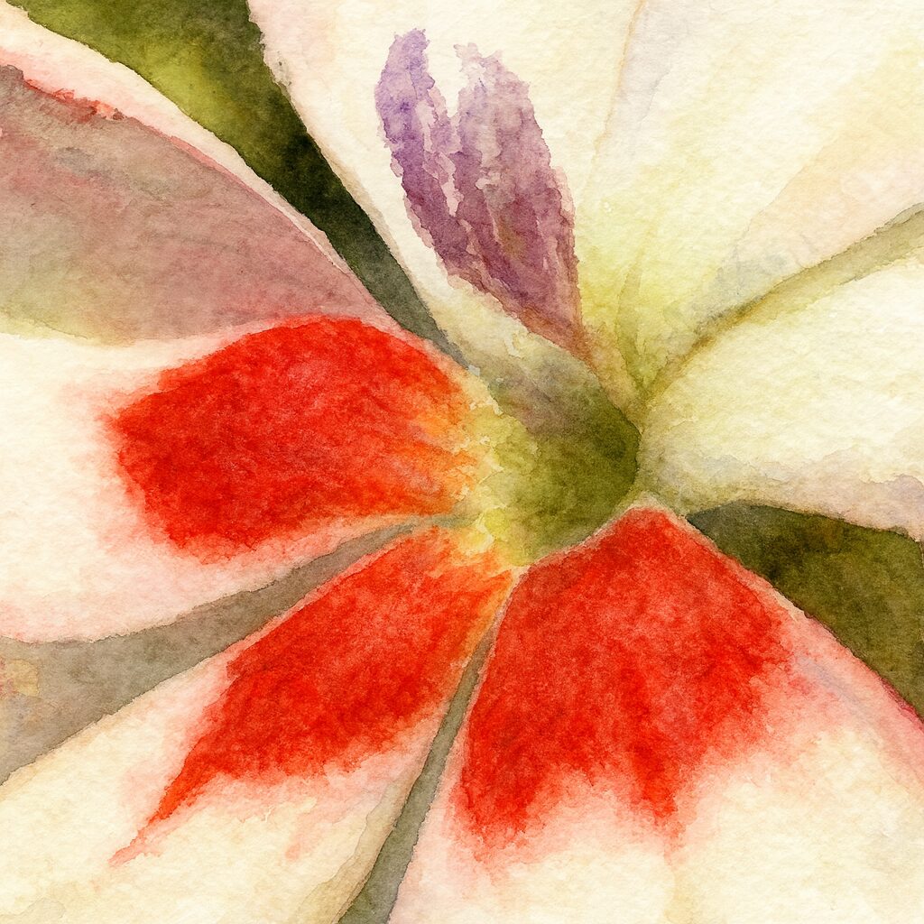 ヒメヒオウギの花の中心部を大きく描いた水彩画風イラスト。鮮やかな赤い花びらと紫がかった花芯を柔らかな筆致で表現し、質感と彩度のコントラストが際立つ構図