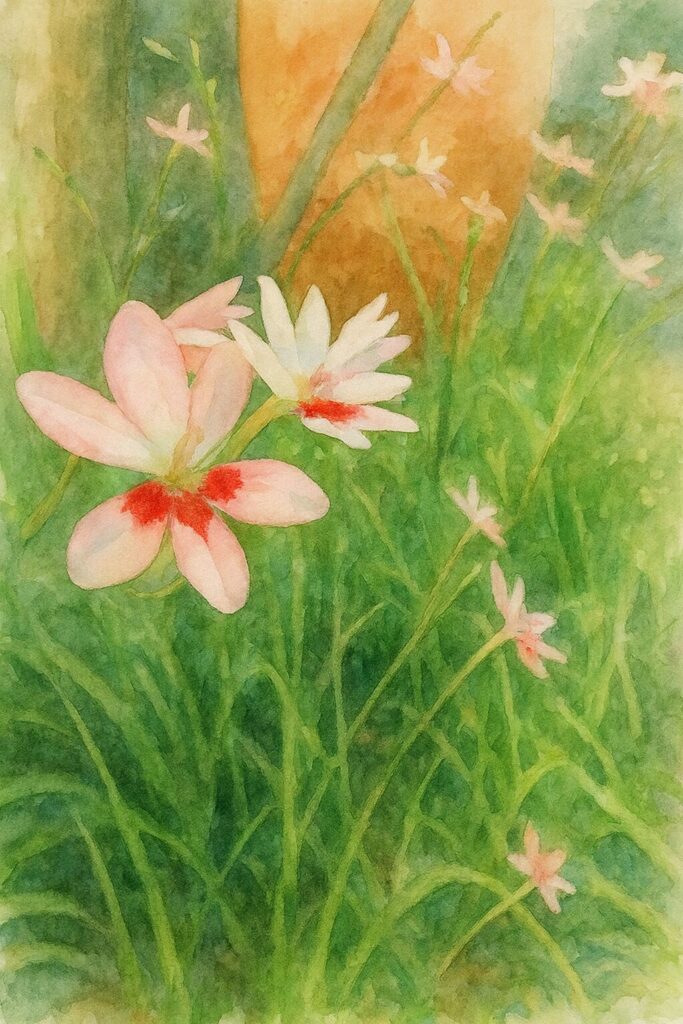 ヒメヒオウギの花を手前に2輪描き、背景に淡くにじむ群生を表現した水彩画風イラスト。柔らかなピンクと赤の花びらを繊細な筆致で描き、緑の葉と背景の温かい色合いが調和する