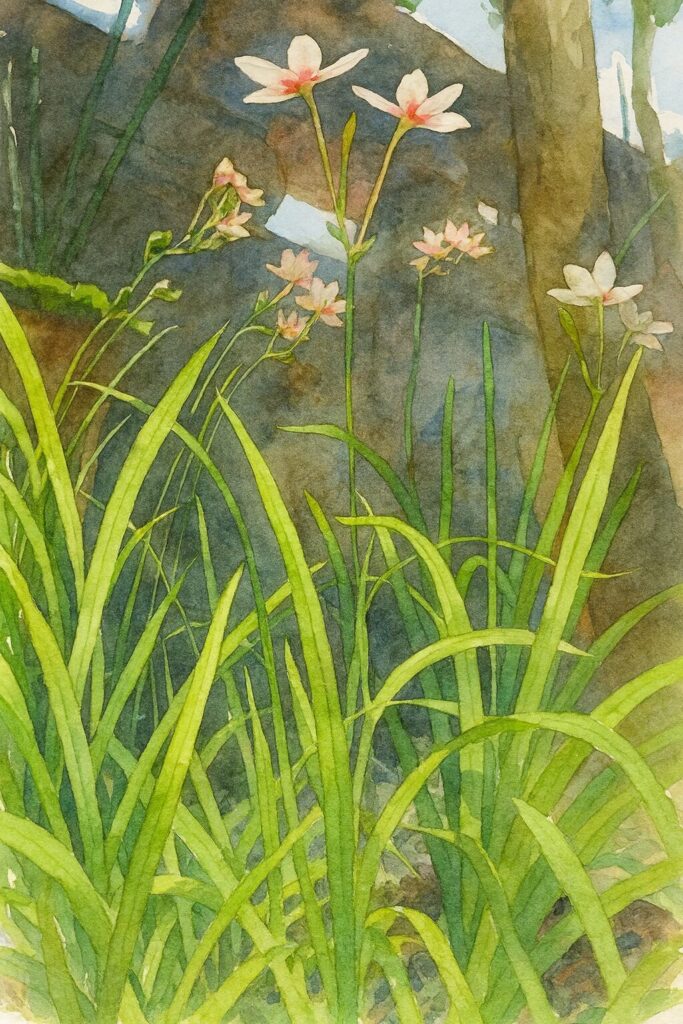 ヒメヒオウギの群生を下から見上げる構図で描いた水彩画風イラスト。背の高い葉と淡いピンクの花を柔らかい筆致で表現し、背景の塀や木陰が淡くにじむように描かれている