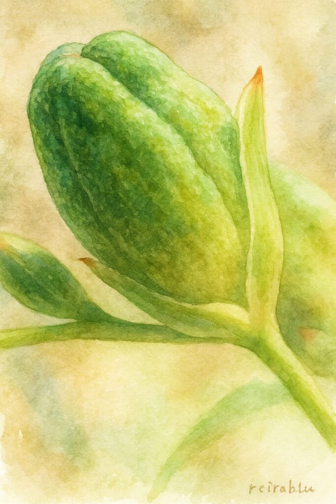 ヒメヒオウギの大きな緑色のつぼみを中心に描いた水彩画風イラスト。凹凸のあるつぼみの質感を柔らかい筆致で表現し、淡い背景色がやさしくにじむ