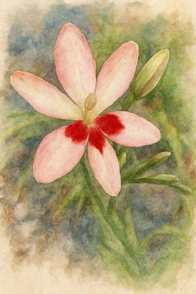 ヒメヒオウギの淡いピンク色の花を中心に描いた水彩画風イラスト。花びらの柔らかな質感と赤い模様を繊細な筆致で表現し、背景の緑が優しくにじむ