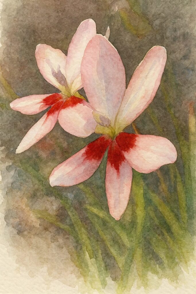 ヒメヒオウギの淡いピンク色の花を寄り添うように描いた水彩画風イラスト。中央の赤い模様を柔らかなタッチで表現し、背景は柔らかくにじむ自然色