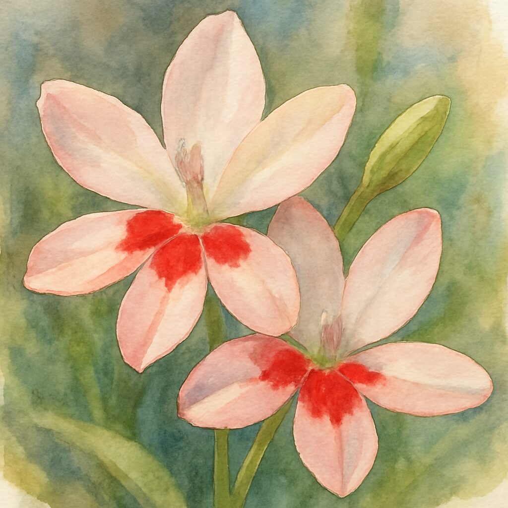 水彩画風に描かれたヒメヒオウギの淡いピンク色の六弁花|赤い斑点模様が美しい寄り添う花のイラスト