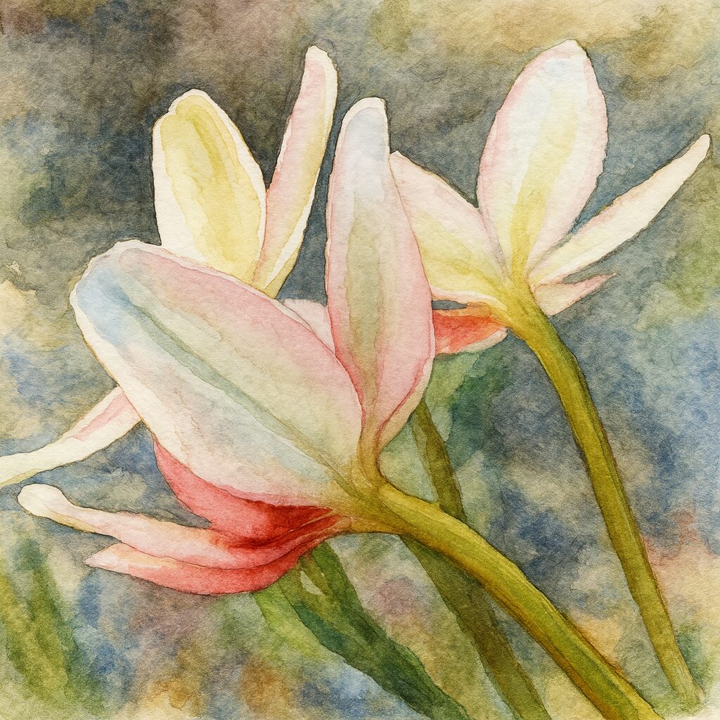 水彩画風に描かれたヒメヒオウギの背面から見た淡いピンク色の花|透ける花弁と赤い模様が柔らかく表現されたイラスト