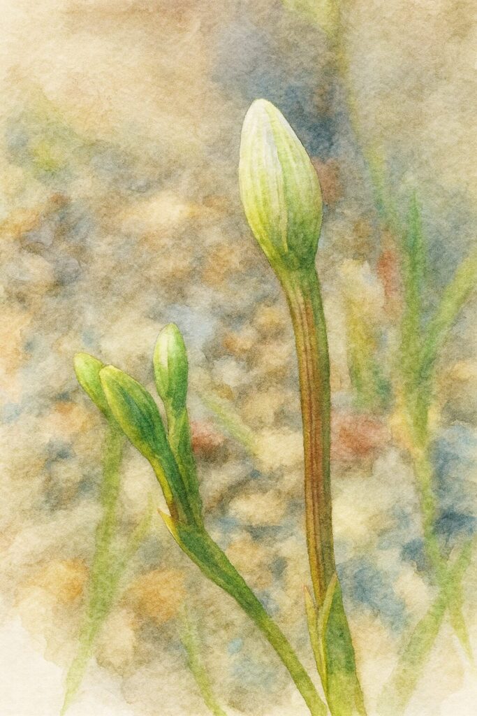 ヒメヒオウギの若い蕾を柔らかいタッチで描いた水彩画風イラスト