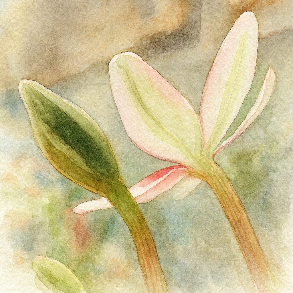 水彩画風に描かれたヒメヒオウギの蕾と淡いピンクの花を横構図で表現した柔らかなボタニカルアート