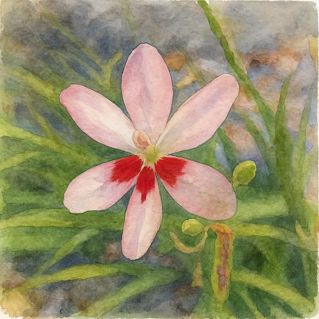水彩画風に描かれたヒメヒオウギの淡いピンク色の六弁花|中央の赤い模様を柔らかい筆致で表現した植物イラスト