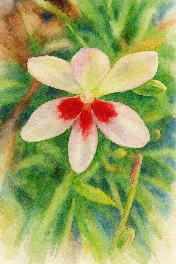 ヒメヒオウギの淡いピンク色の六弁花を柔らかいタッチで描いた水彩画風イラスト|中央の赤い模様が優しくにじむ植物画