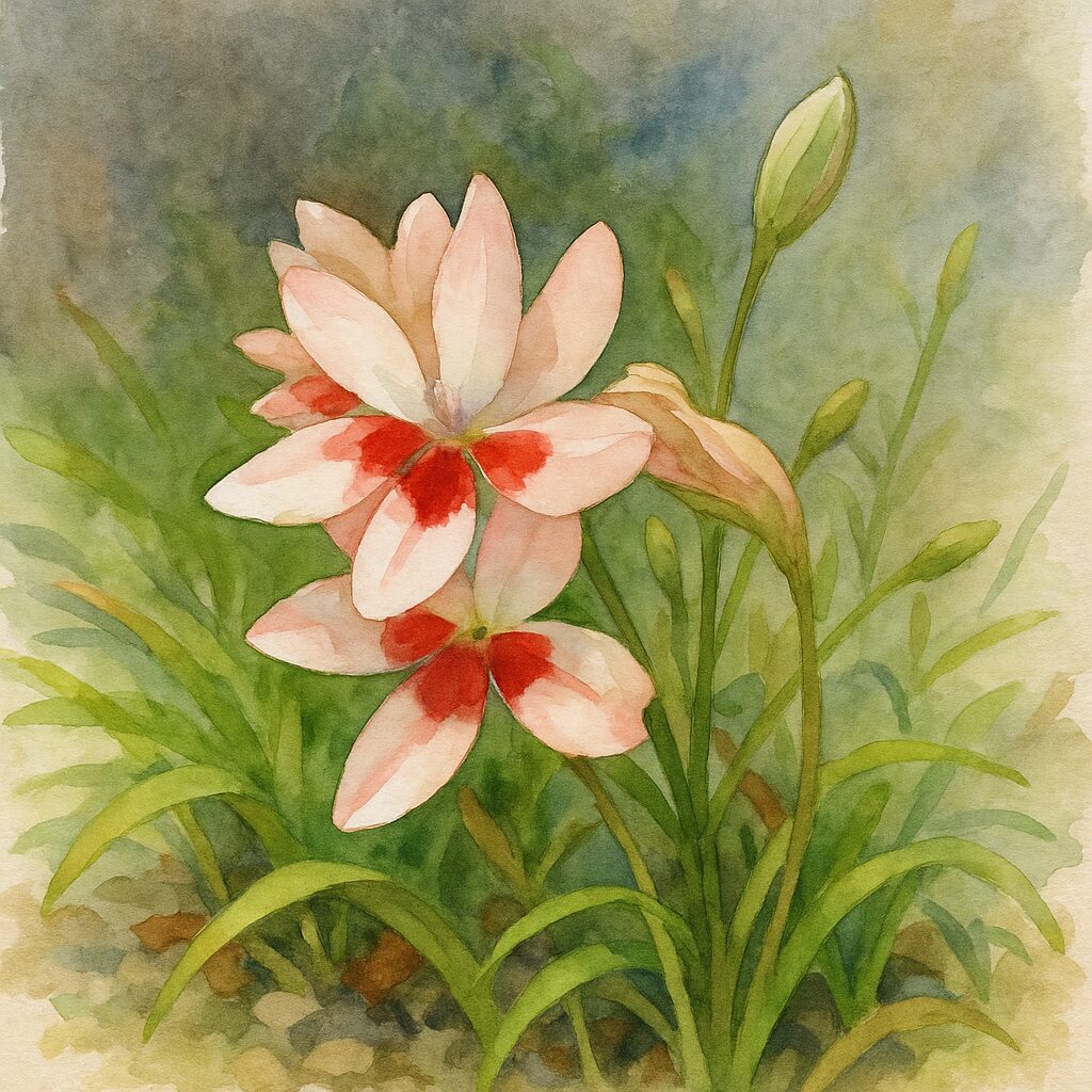 ヒメヒオウギの淡いピンクと赤の花を草地と背景の質感まで丁寧に描いた水彩画風イラスト