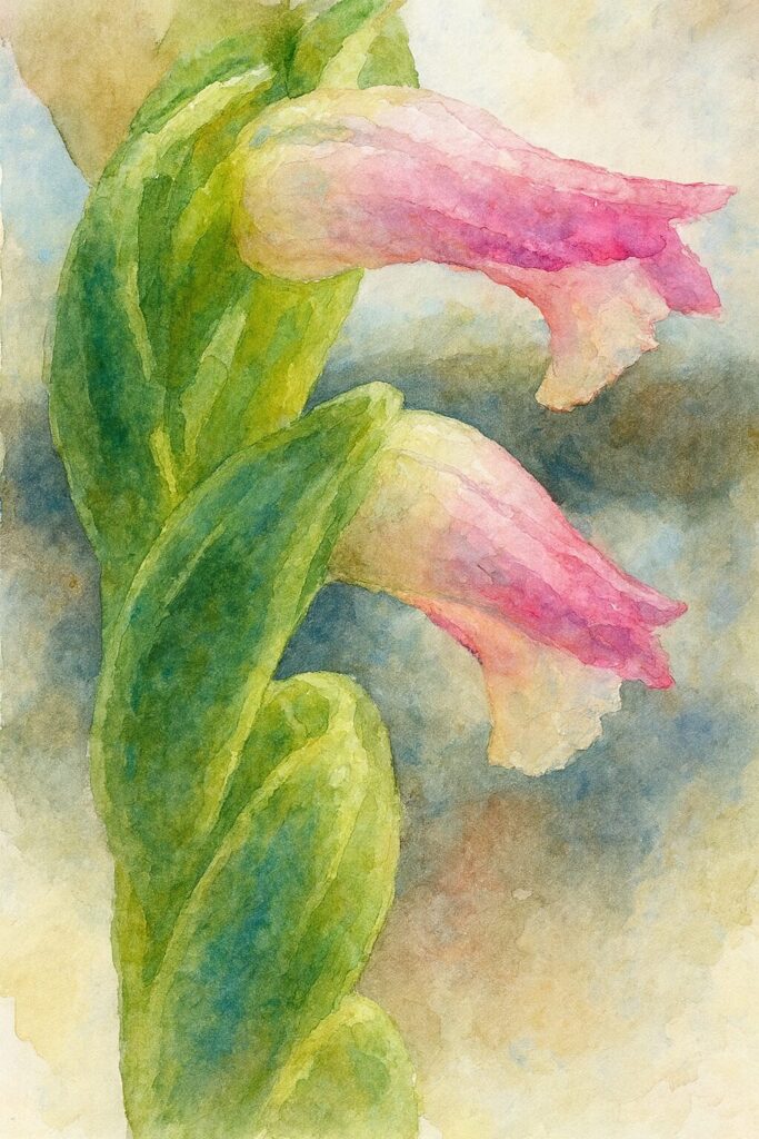 ネジバナのピンク色の花を水彩画風に描いたイラスト｜らせん状に咲く花の柔らかな質感を表現