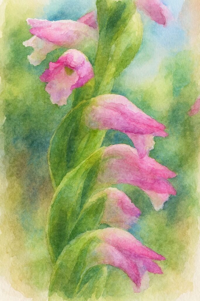 ネジバナのピンク色の小花を水彩画風に描いた植物イラスト｜らせん状の花の流れと柔らかな発色を表現