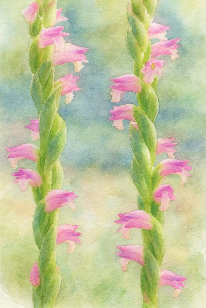 2本並んだネジバナを水彩画風に描いた botanical イラスト｜らせん状の花と柔らかなピンク色の発色を表現