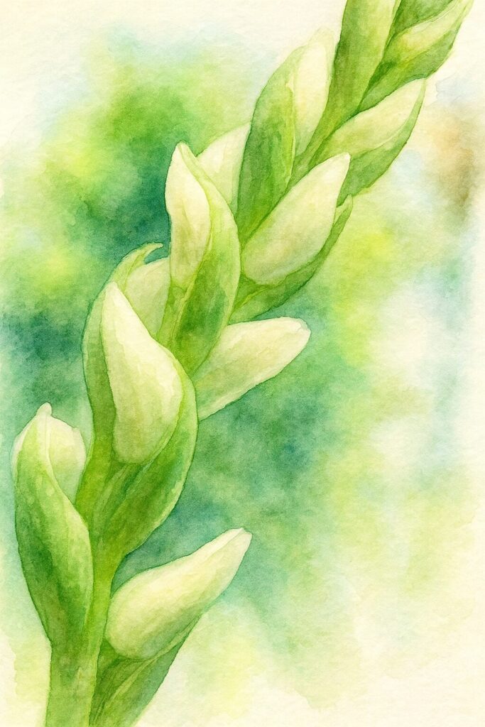 ネジバナの白い蕾を水彩画風に描いた植物イラスト｜らせん状の蕾の配置と柔らかな緑色のグラデーションを表現