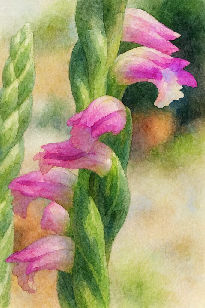 ネジバナのピンク色の花を水彩画風に描いた植物イラスト｜らせん状に咲く花の柔らかな発色と質感を表現