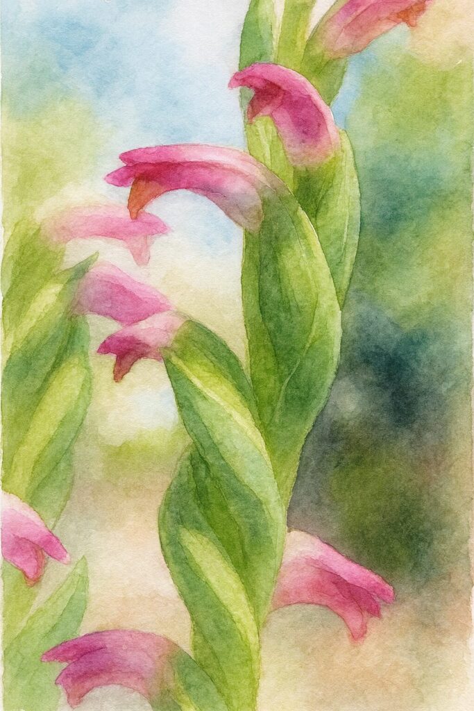 ネジバナのピンク色の花を水彩画風に描いた植物イラスト｜らせん状に伸びる花と柔らかな色彩表現を特徴とする構図