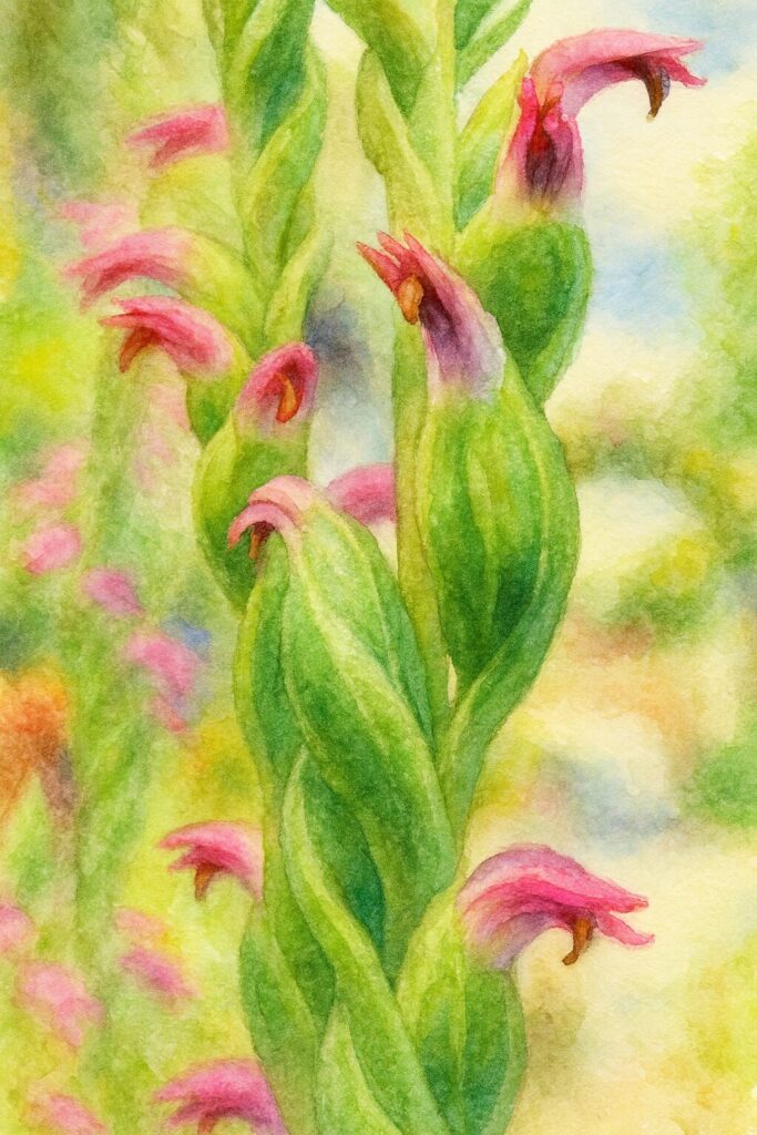ネジバナの花を水彩画風に描いた植物イラスト｜らせん状に咲くピンクの小花と柔らかな緑葉を表現した構図
