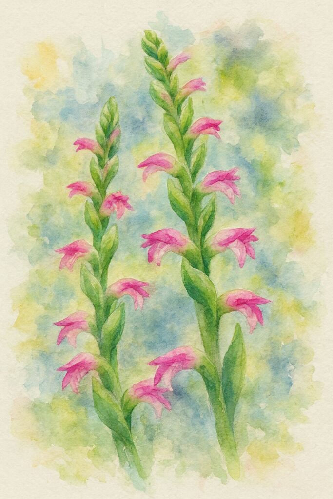 複数本のネジバナを水彩画風に描いた植物イラスト｜らせん状に咲くピンク色の小花を柔らかなタッチで表現した構図