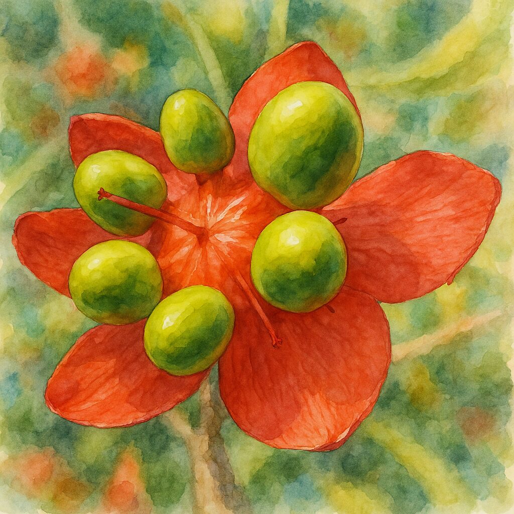 ミッキーマウスノキの赤いがく片と緑の実を描いた水彩画風イラスト