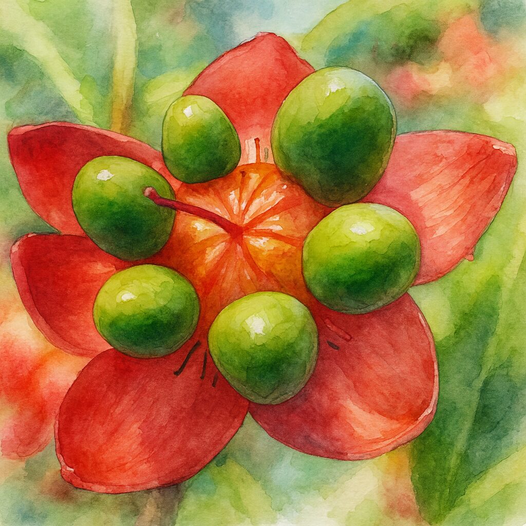 ミッキーマウスノキの赤いがく片と緑の実を描いた水彩画風イラスト