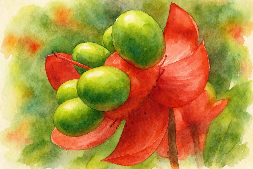 ミッキーマウスノキの赤いがく片と緑の実を横構図で描いた水彩画風イラスト