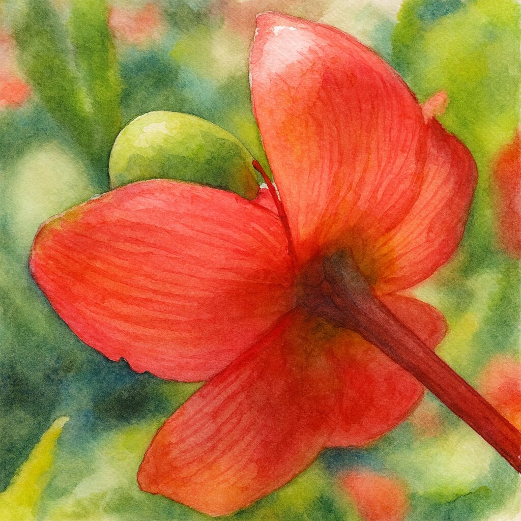 ミッキーマウスノキの赤いがく片を裏側から描き、緑の実を添えた水彩画風イラスト