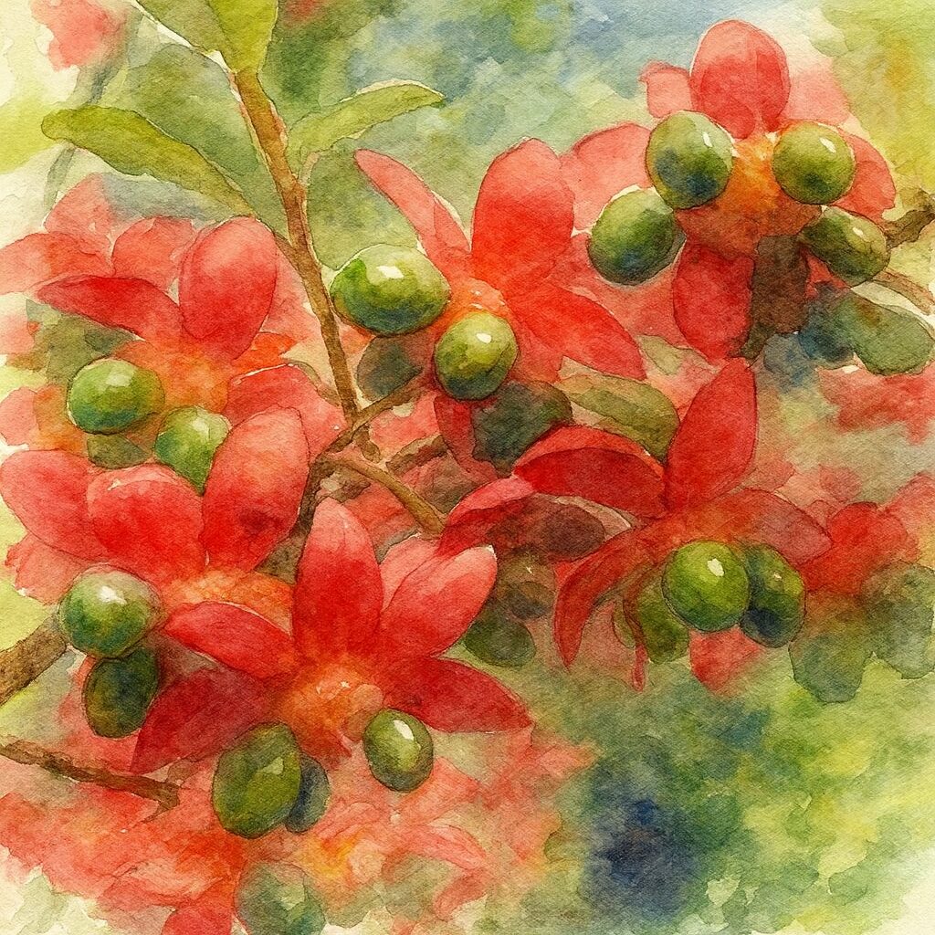 ミッキーマウスノキの赤い花と緑の実を群生で描いた水彩画風イラスト