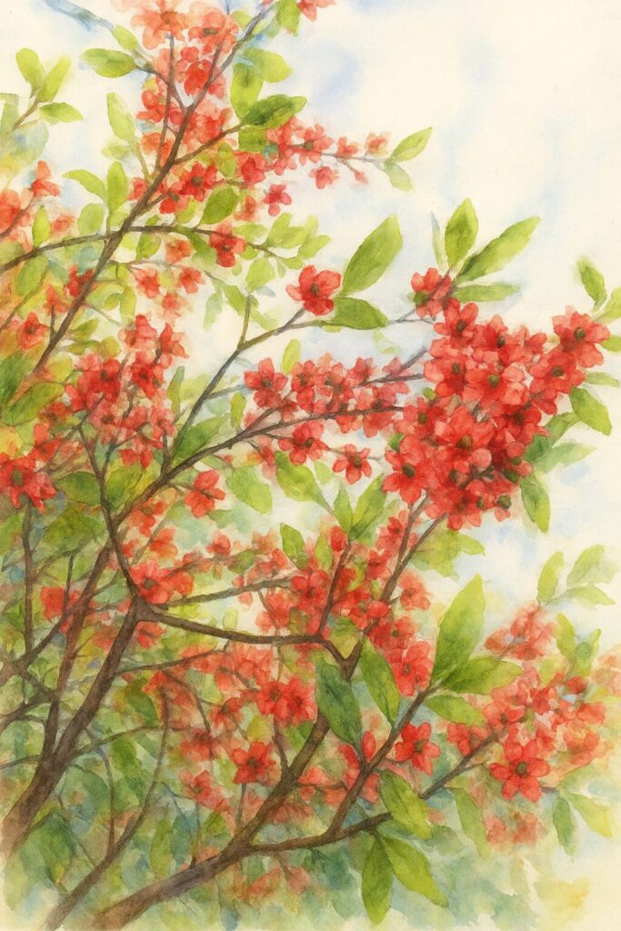 満開のミッキーマウスノキの枝を、赤い花と緑の実が広がる構図で描いた水彩画風イラスト