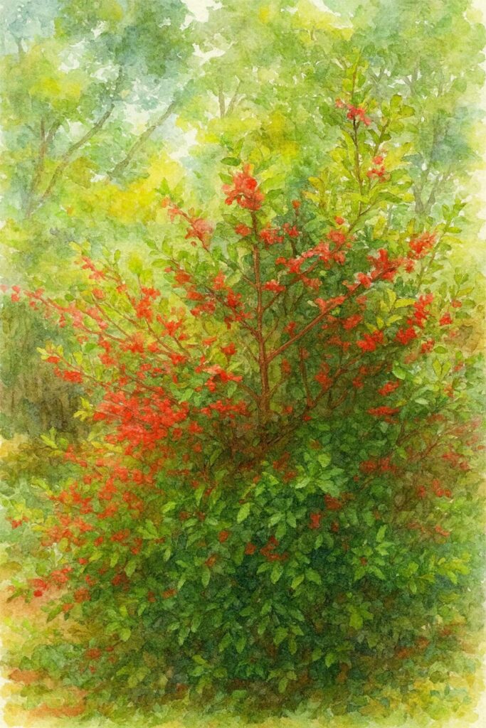 赤い花と緑の実をたくさんつけたミッキーマウスノキの株全体を柔らかい色彩で描いた水彩画風イラスト