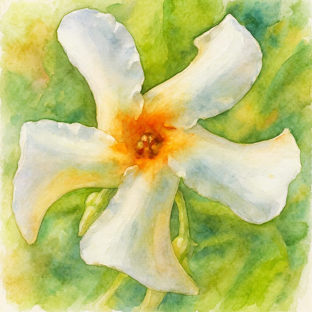 テイカカズラの白い花を水彩画風に描いたイラスト。中央の橙色が柔らかく滲む上品なボタニカルアート