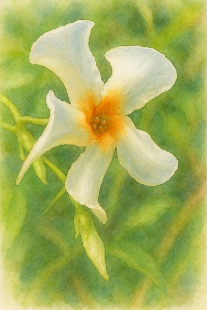 テイカカズラの白い花を斜め構図で描いた水彩画イラスト。柔らかい筆致で橙色の花芯と曲線的な花弁を表現したボタニカルアート