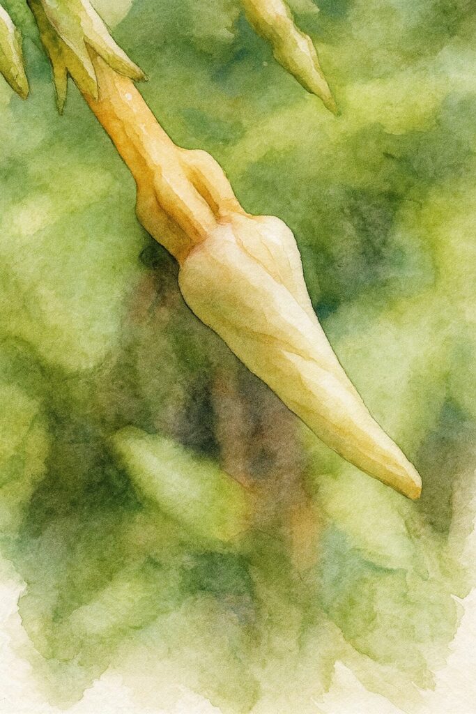 テイカカズラのつぼみを写実的に描いた水彩画イラスト。淡い黄色からクリーム色へのグラデーションと細い花筒の質感を柔らかい筆致で表現したボタニカルアート