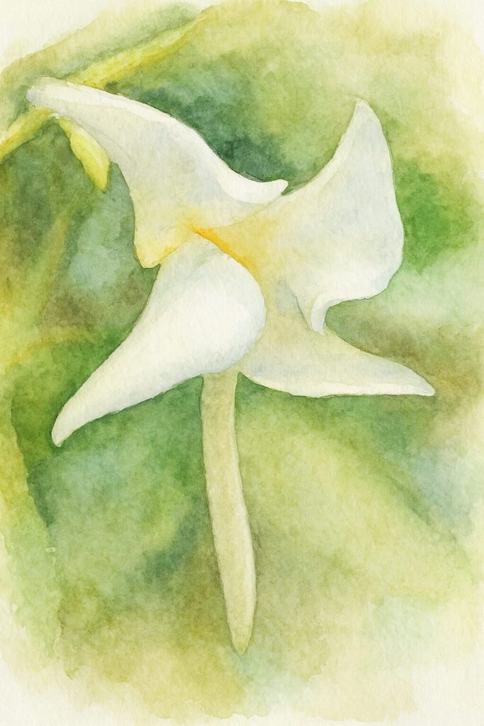 テイカカズラの白い花を斜め下から見上げる構図で描いた水彩画イラスト。反り返った花弁と淡い黄色の中心を柔らかい色合いで表現したボタニカルアート
