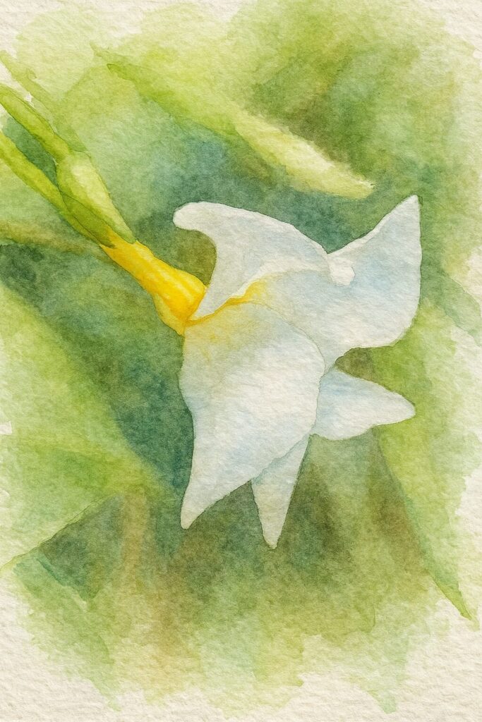 テイカカズラの白い花を横向き構図で描いた水彩画イラスト。黄みがかった花筒と反り返る白い花弁を淡い緑背景の中に繊細に表現したボタニカルアート