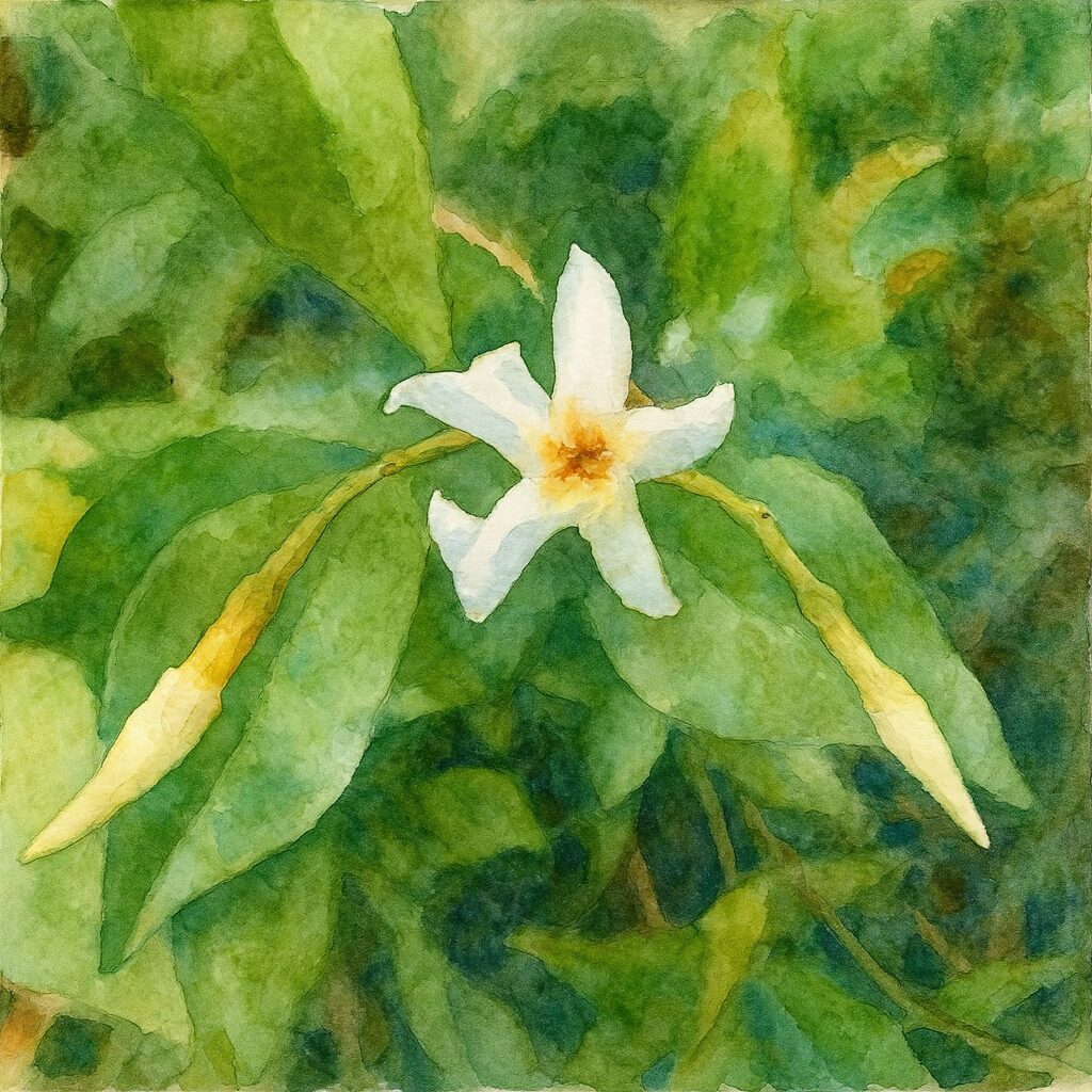 テイカカズラの白い星形の花と両側のつぼみを柔らかく描いた水彩画イラスト。緑の葉に囲まれた自然な雰囲気を表現したボタニカルアート