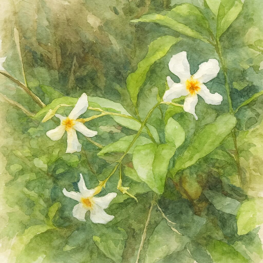 テイカカズラの白い花を3輪描いた水彩画イラスト。緑の葉の中に柔らかい筆致で星形の白花と橙色の花芯を表現したボタニカルアート