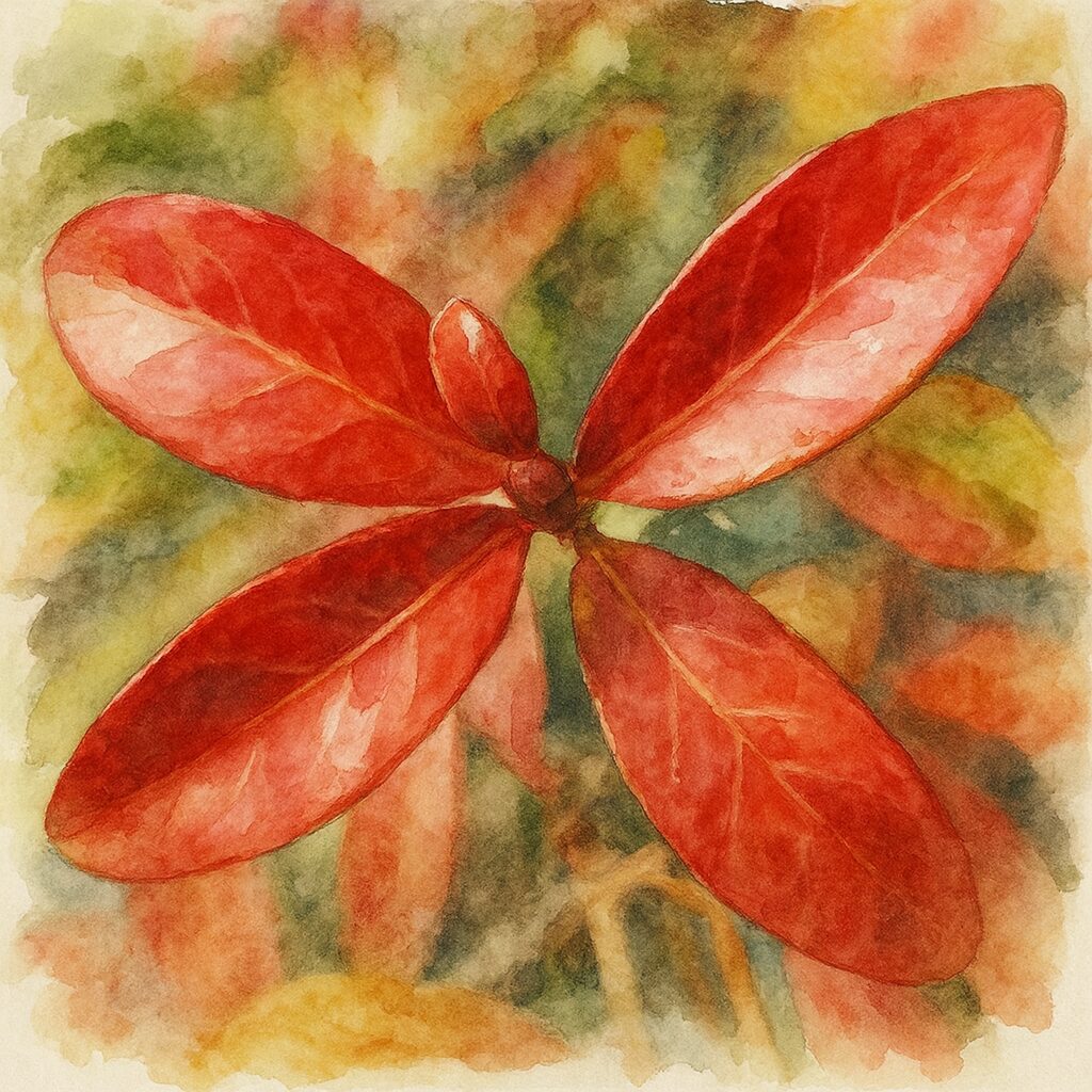 テイカカズラの紅葉した赤い葉を描いた水彩画イラスト。艶やかな葉の質感と深い赤色を柔らかいタッチで表現したボタニカルアート