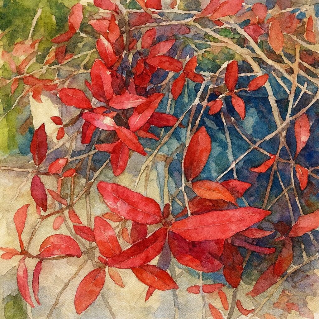 真っ赤に染まったテイカカズラの葉を水彩画風に描いたイラスト。光沢のある赤い葉と絡む枝を柔らかな筆致で表現したボタニカルアート