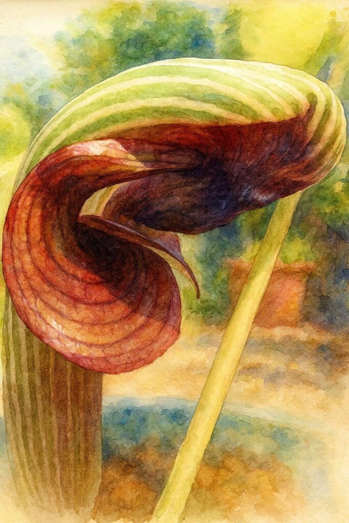 ムサシアブミの仏炎苞を水彩画風に描いたボタニカルイラスト|赤紫と緑のコントラストが美しい山野草のアート作品