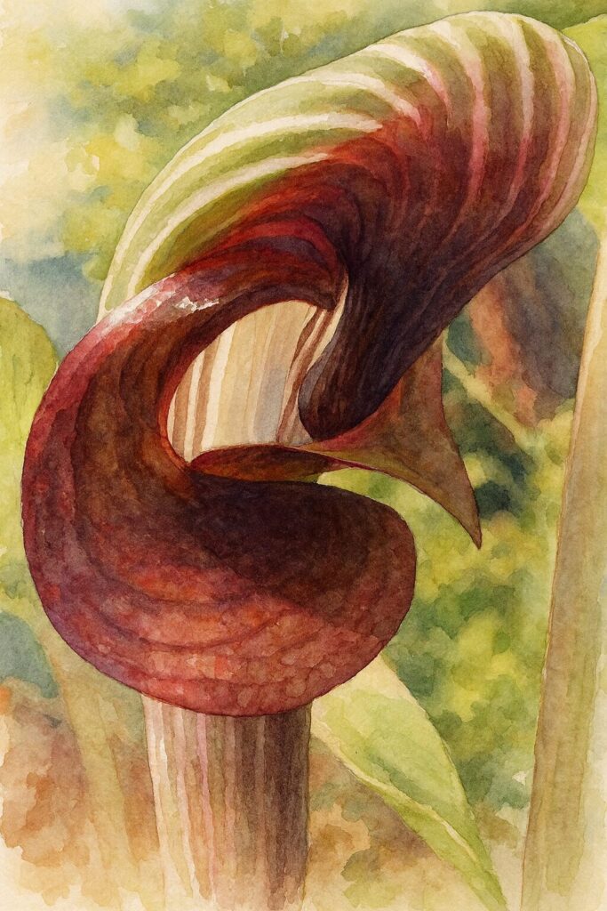 ムサシアブミの特徴的な仏炎苞を水彩画風に描いたボタニカルアート|赤紫と緑のコントラストが美しい山野草のイラスト作品