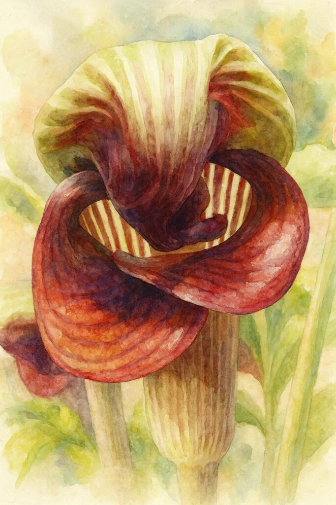 ムサシアブミの複雑な仏炎苞を水彩画風に描いたボタニカルイラスト|赤紫と緑のコントラストが美しい山野草アート