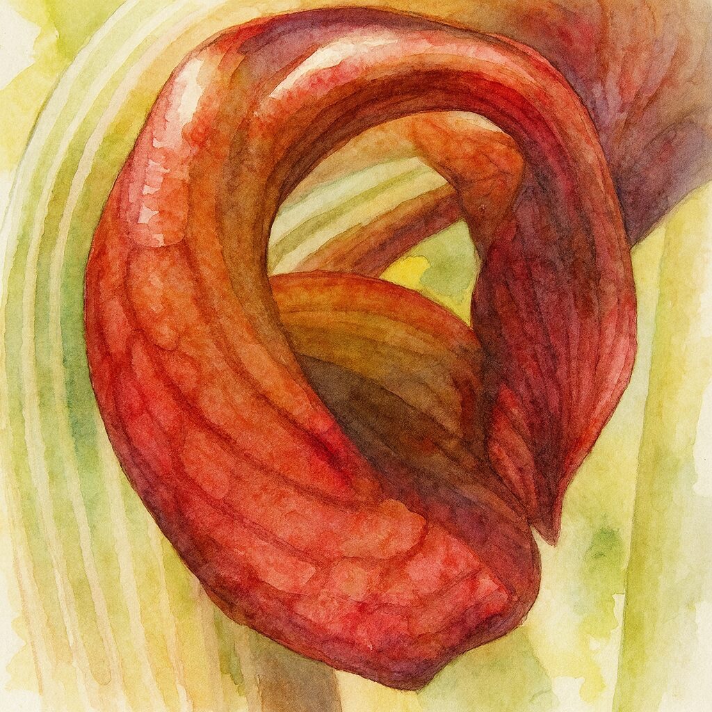 ムサシアブミの曲線的な仏炎苞を水彩画風に描いたボタニカルアート|赤紫の陰影と柔らかな筆致が特徴の山野草イラスト