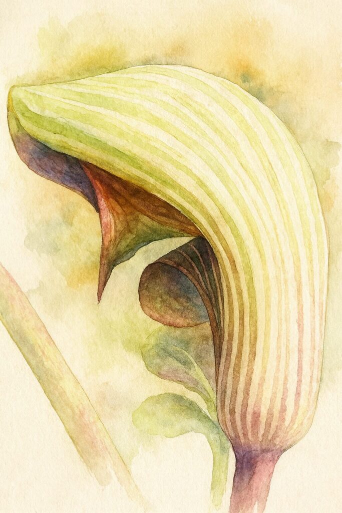 ムサシアブミのフード状の仏炎苞を水彩画風に描いたボタニカルイラスト|淡い緑のストライプと赤紫の陰影が美しい山野草アート