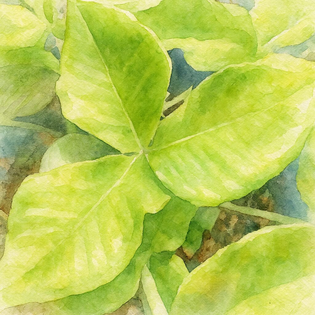 ムサシアブミの三枚葉を柔らかなタッチで描いた水彩画風イラスト|明るい新緑の質感が美しい山野草のボタニカルアート
