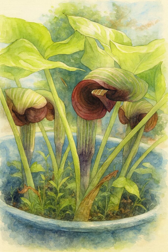 鉢植えのムサシアブミを柔らかいタッチで描いた水彩画風ボタニカルイラスト|新緑の葉と赤紫の仏炎苞が美しく調和したアート作品