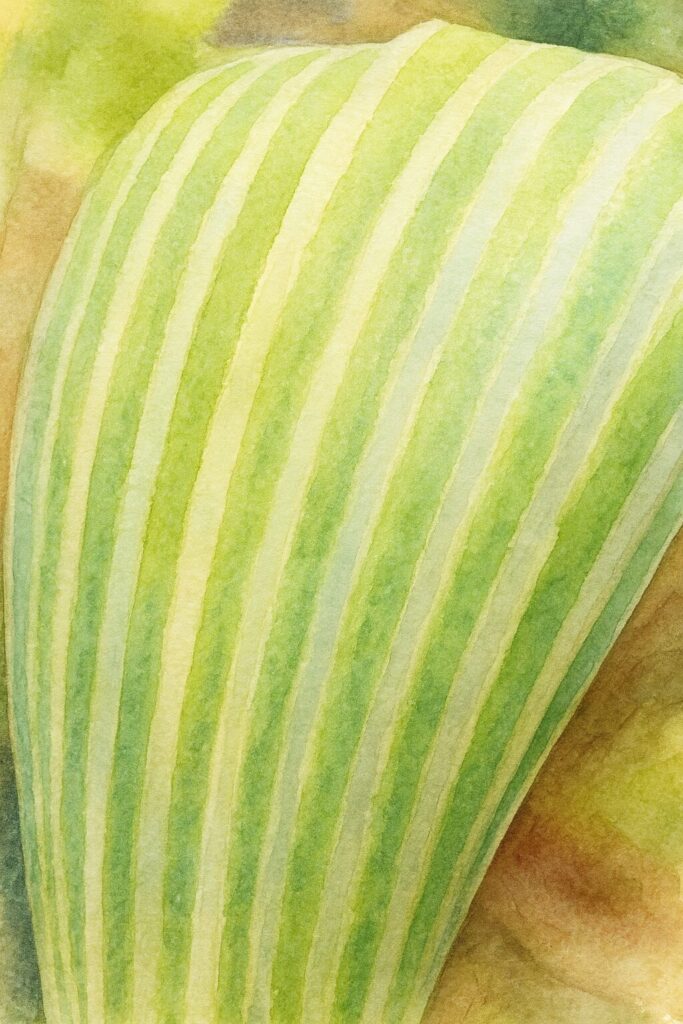 ムサシアブミの仏炎苞の縞模様を水彩画風に描いたボタニカルイラスト|柔らかな緑白ストライプが美しい山野草アート