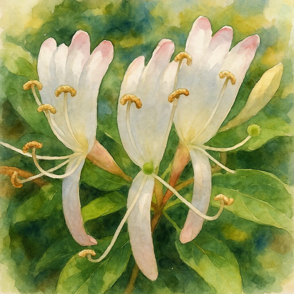 スイカズラの白い花を水彩画風に描いたイラスト｜柔らかな光の中のスイカズラ｜日本の初夏の植物イラスト