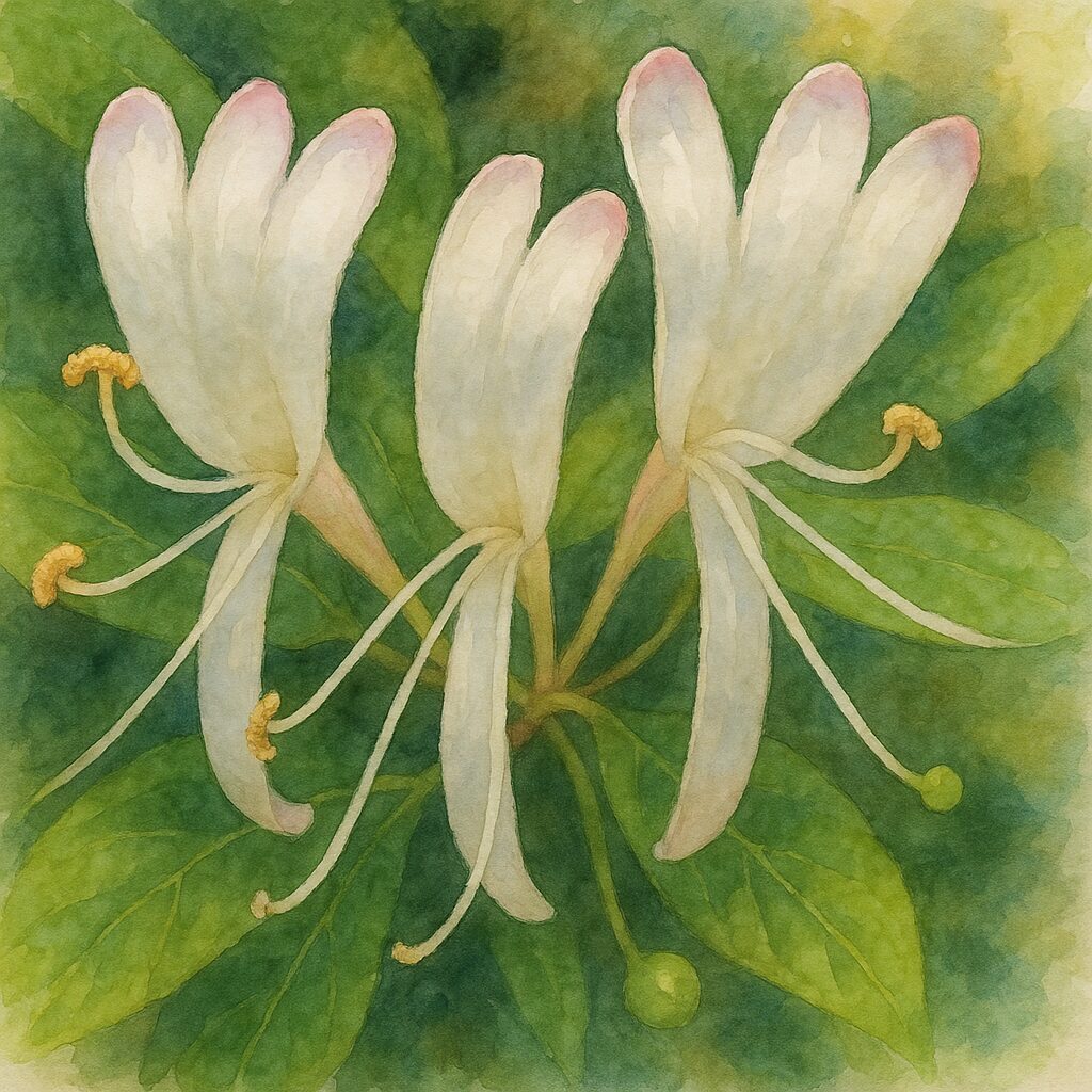 スイカズラの白い花を水彩画風で描いたイラスト｜雄しべが広がる上品なスイカズラ｜日本の初夏の植物イラスト