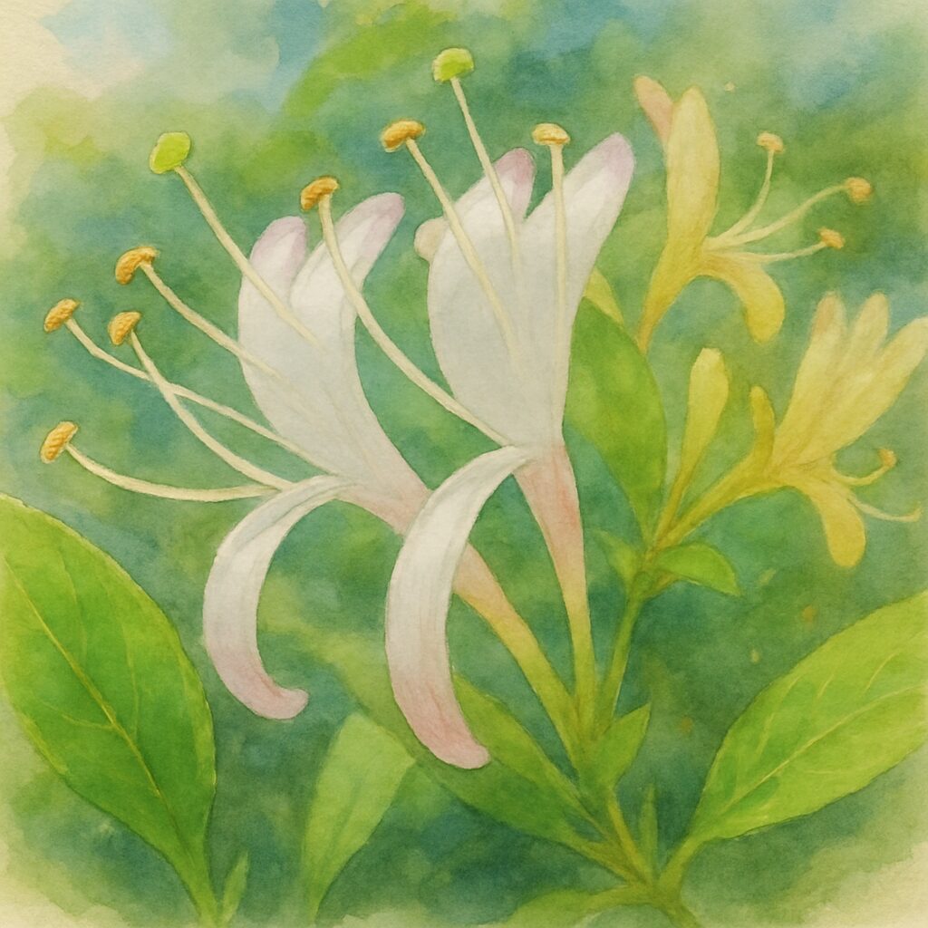 スイカズラの白い花を横構図で描いた水彩画風イラスト｜雄しべが伸びる繊細なスイカズラの花姿｜日本の初夏の植物イラスト