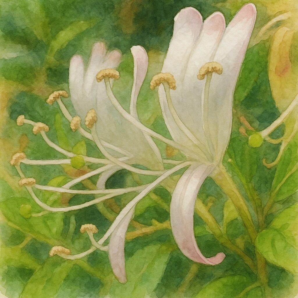 スイカズラの白い花を横から描いた水彩画風イラスト｜雄しべが広がる繊細なスイカズラの花姿｜日本の初夏を彩る植物イラスト